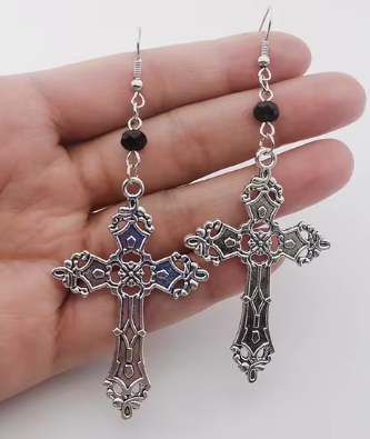 ER358 Gothic Cross With Black Gem Earrings - Extreme Largeness Wholesale
