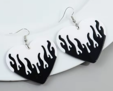 *ER414 Black Flame White Heart Earrings - Extreme Largeness Wholesale