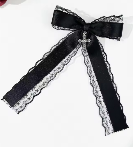 ACCS160 Hair Clip Lace Bow With Cross Black - Extreme Largeness Wholesale