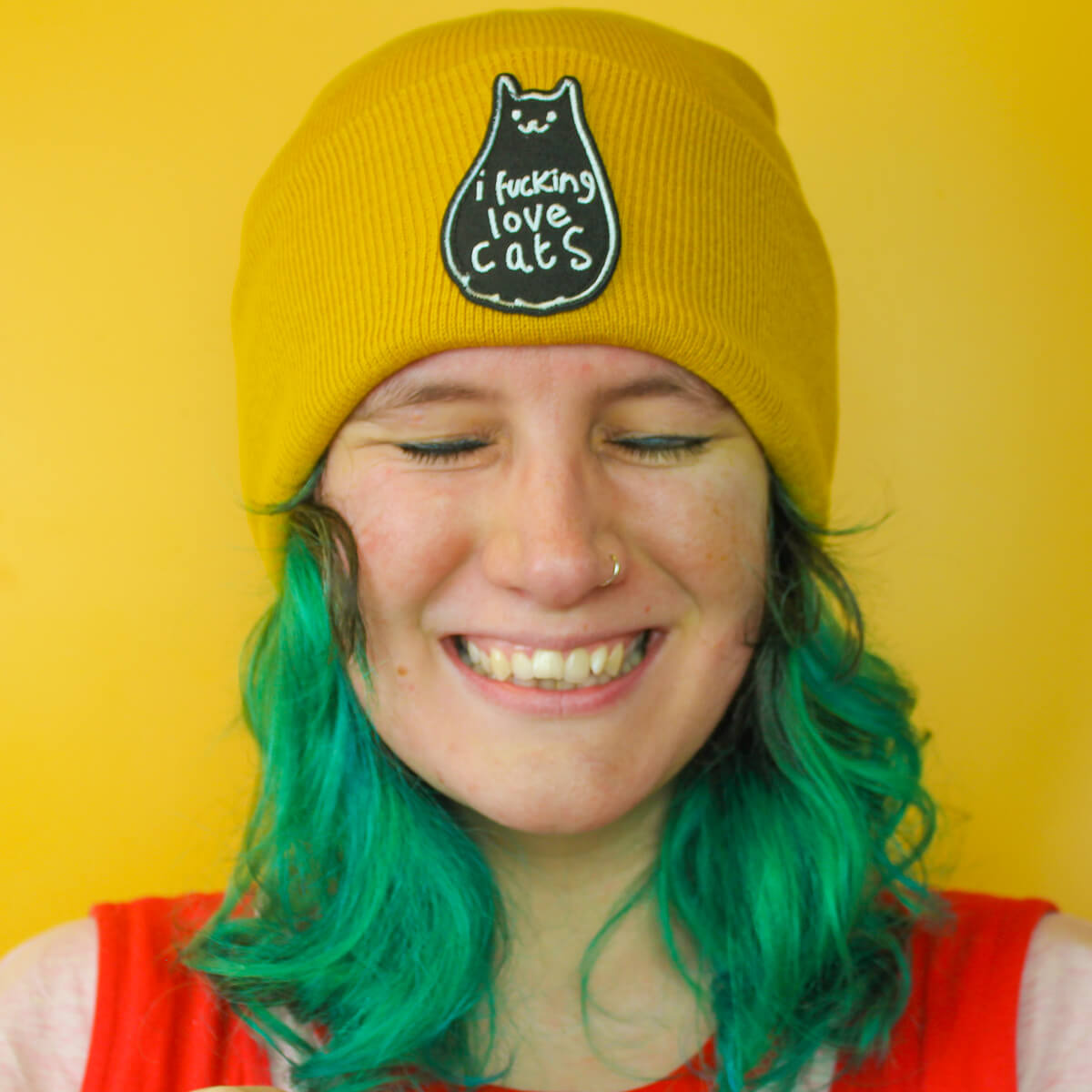 I FUCKING LOVE CATS PATCH MUSTARD BEANIE - PACK OF 3