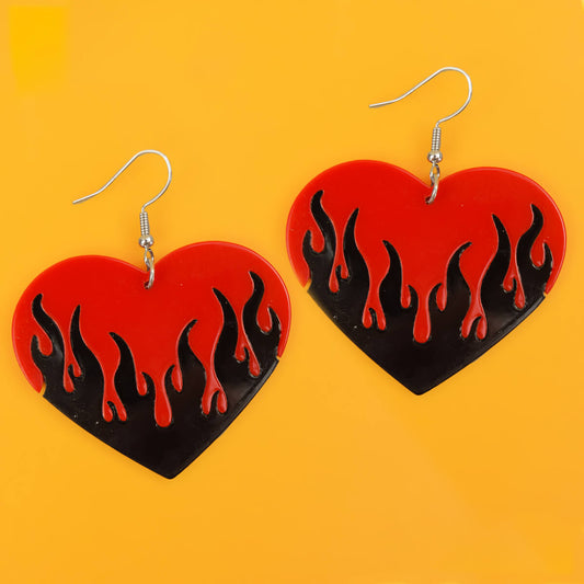 ER511 Black Flame Red Heart Earrings