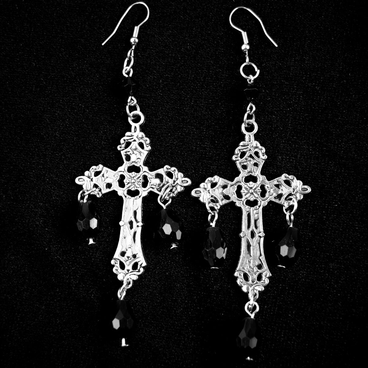 ER382 Gothic Cross Black Crystals Earrings