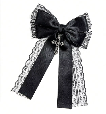 ACCS160 Hair Clip Lace Bow With Cross Black