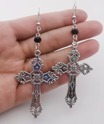 ER358 Gothic Cross With Black Gem Earrings