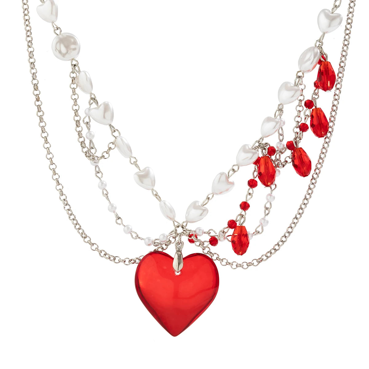 LNK371 Big Heart Necklace Red & White