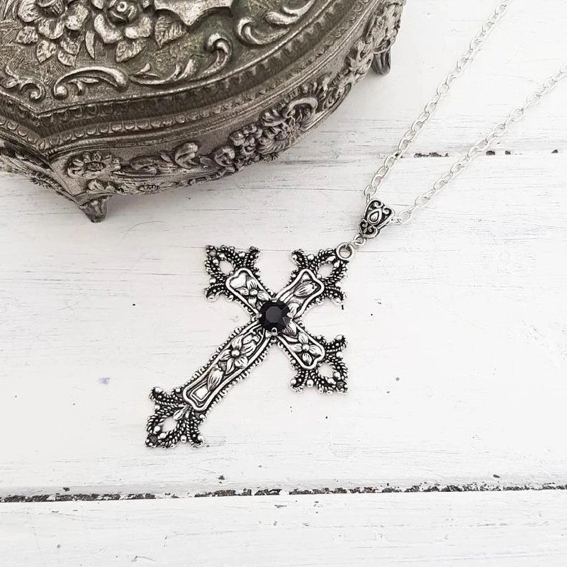 LNK231 Large Cross With Black Gem Necklace