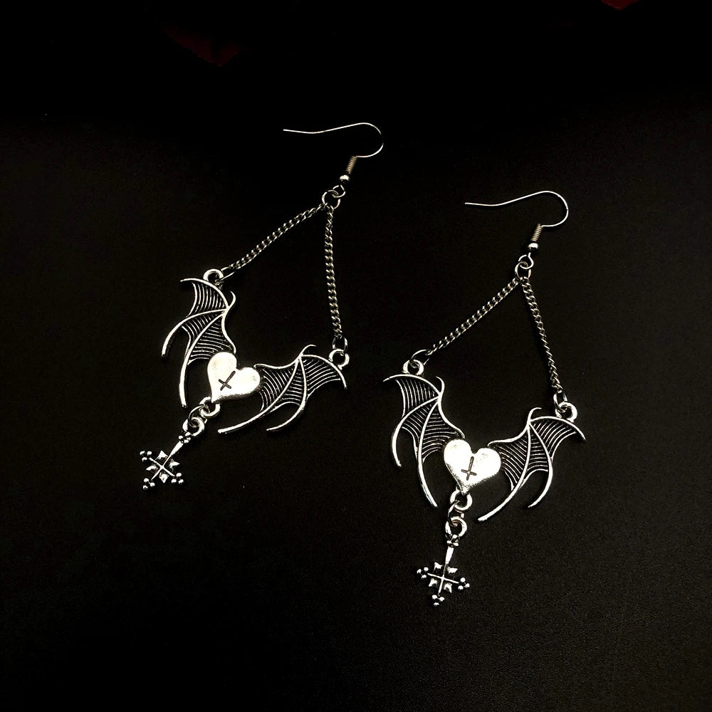 ER893 Bat Winged Heart Earrings Silver