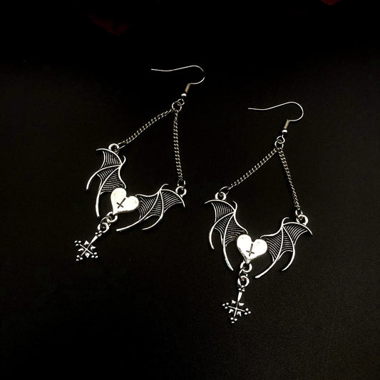 ER893 Bat Winged Heart Earrings Silver