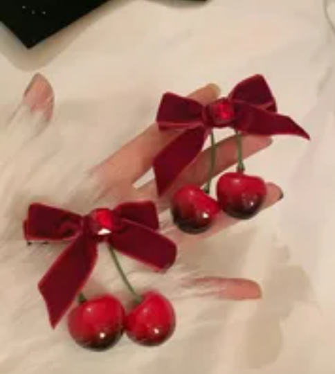 ACCS12 Cherry Bow Hair Clips (Pair)