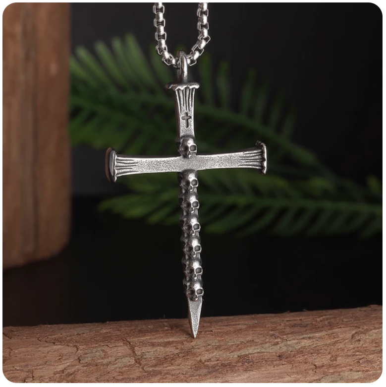 LNK317 Nail Cross Skulls Necklace