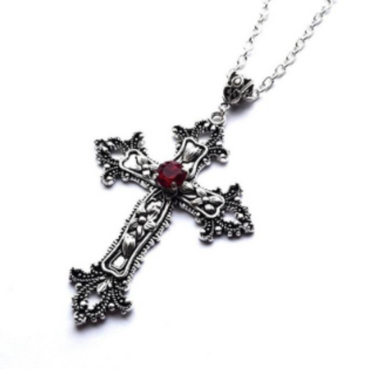 LNK18 Large Cross With Red Gem Necklace