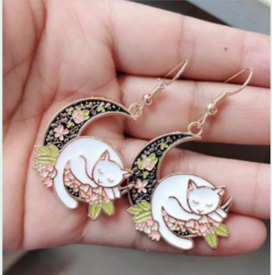 ER581 Floral Cat Moon Earrings