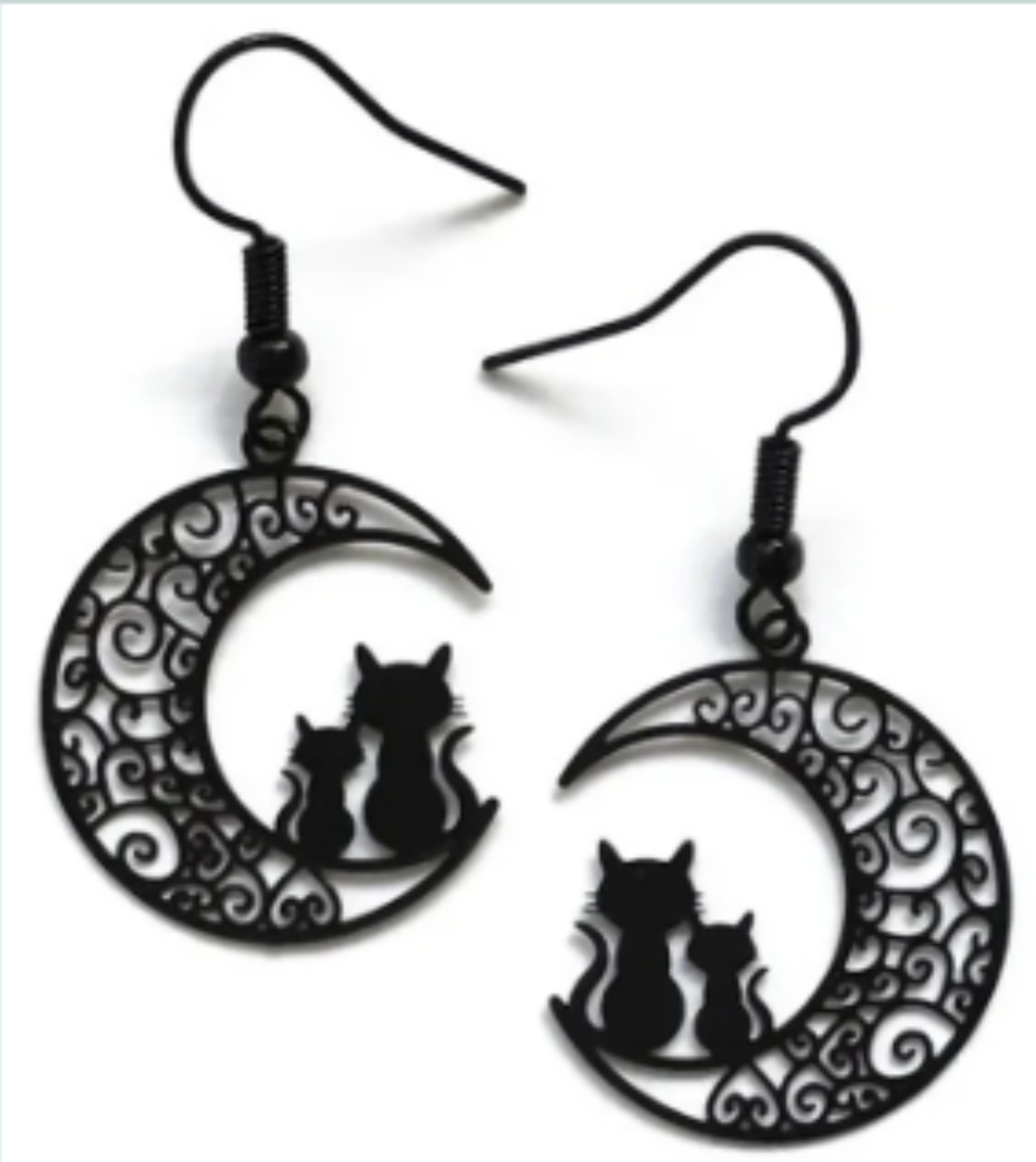 ER829 2 Cats On A Moon Earrings Black