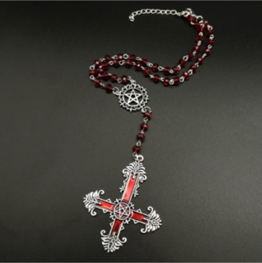 LNK299 Red Inverted Cross Rosary Beads