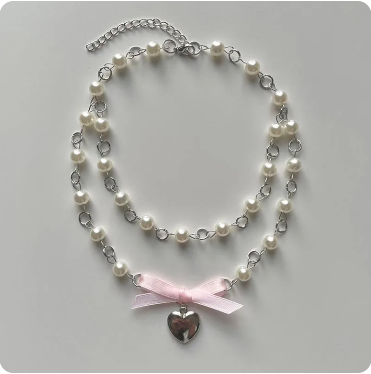 LNK211 Heart Pendant On 2 Rows Of Pearls