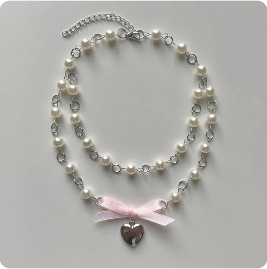 LNK211 Heart Pendant On 2 Rows Of Pearls