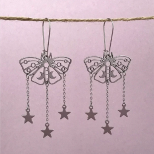 ER630 Moth & 3 Stars Earrings Silver