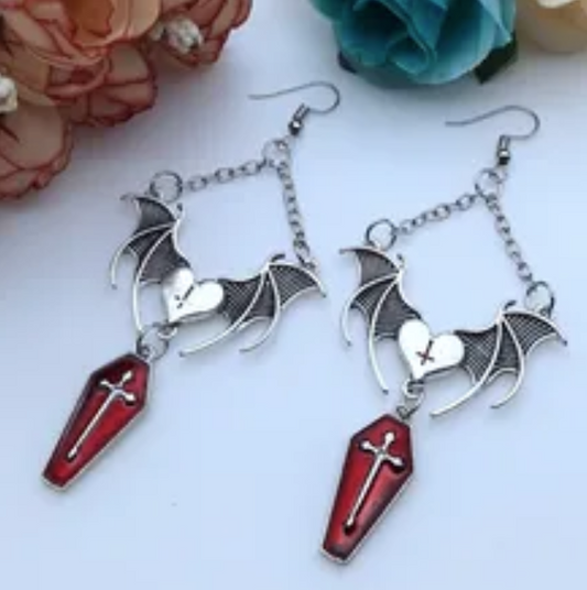 ER766 Bat & Coffin Earrings Silver/Red