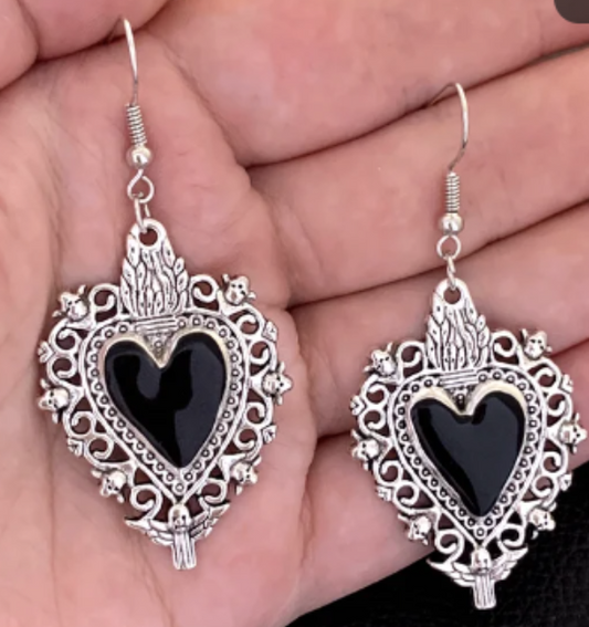 ER952 Sacred Heart Earrings Black