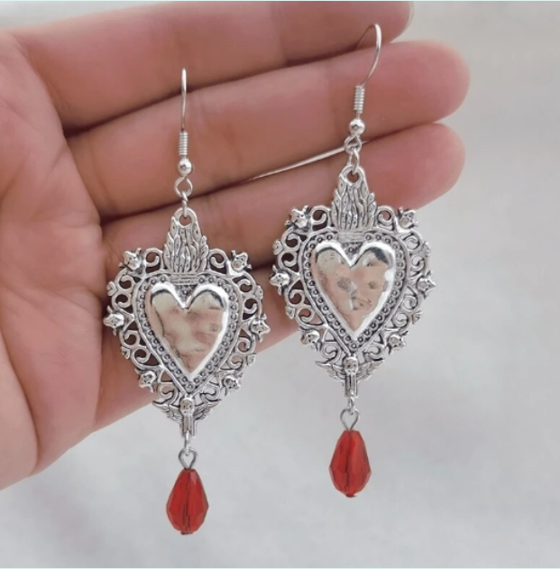 ER379 Sacred Heart Red Gems Earrings