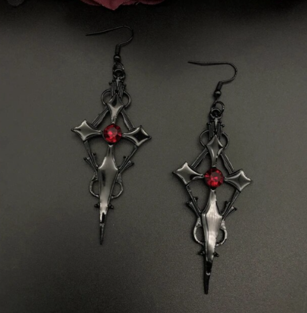 ER405 Black Cross Red Stone Earrings