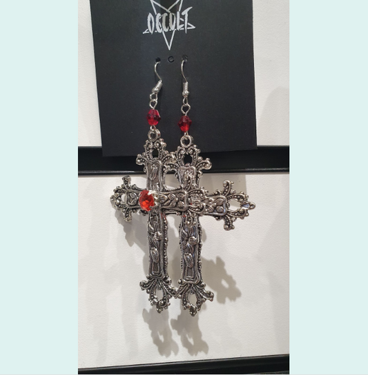 ER383 Large Cross With Red Gems Earrings