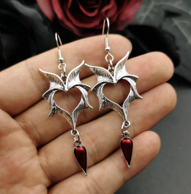 ER876 Bat Wing Heart & Drop Earrings