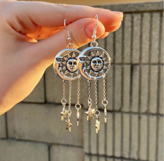 ER657 Sun Moon Dangly Stars Earrings Silver