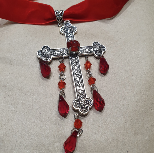 LNK125 Cross With Red Gems Red Velvet Choker