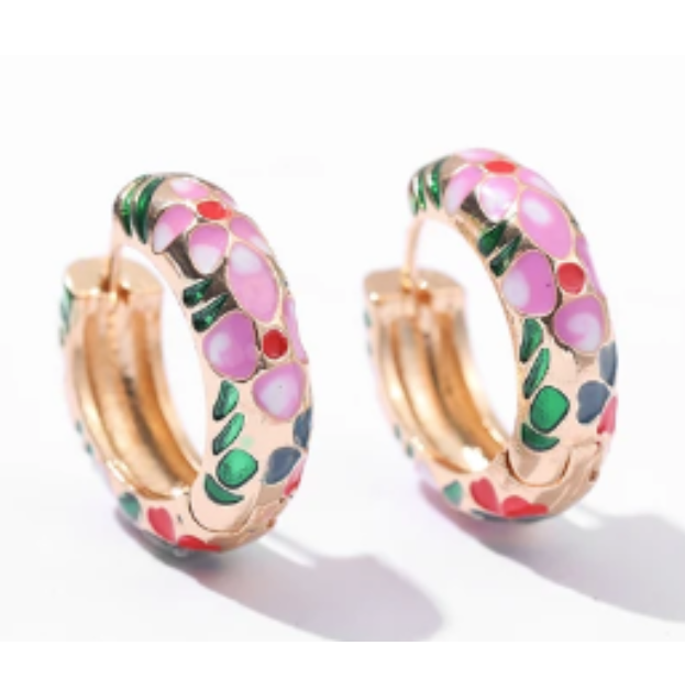 ER940 Flower Hoops Gold Pink & White Flowers