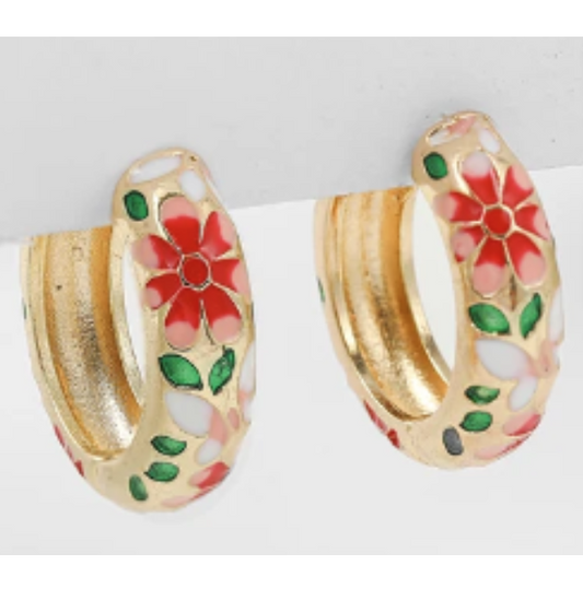 ER946 Flower Hoops Gold Red & Pink Flowers