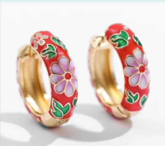 ER941 Flower Hoops Gold/Red