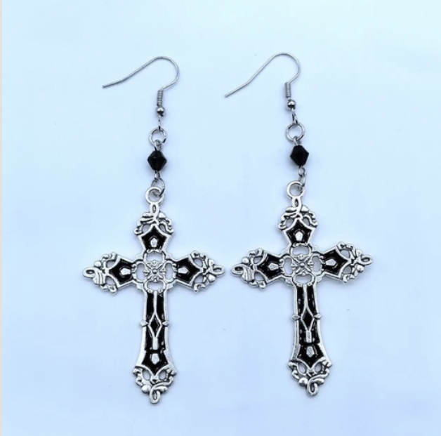 ER358 Gothic Cross With Black Gem Earrings