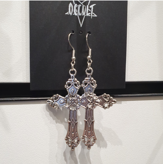 ER352 Plain Silver Gothic Cross Earrings