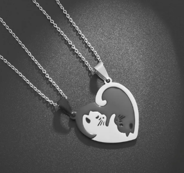 LNK374 Cat Yin & Yang Heart Necklaces (Pair)