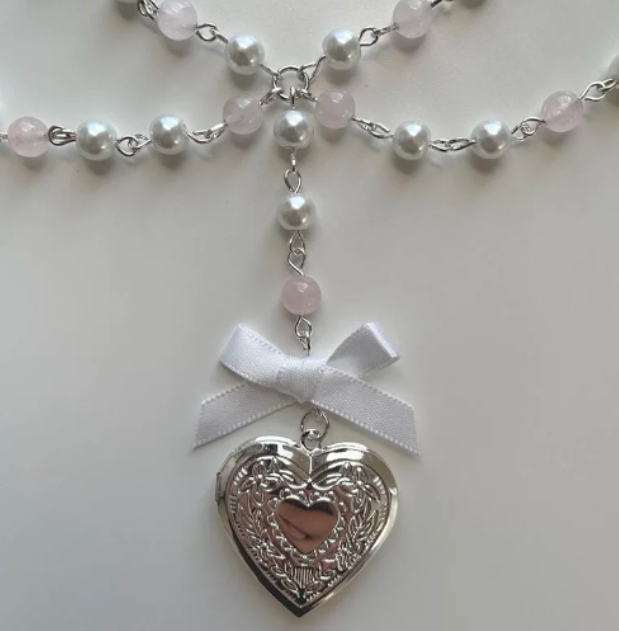 LNK212 Heart Locket On Pink & White Pearls