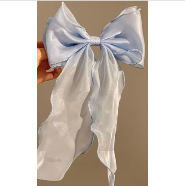 ACCS73 Hair Clip Silky Bow Wavy Blue