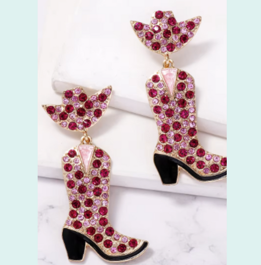 ER961 Cowboy Boots Rhinestone Earrings Pink