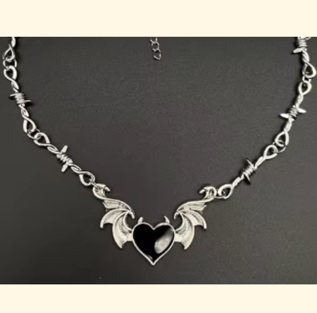 LNK416 Barbed Wire Winged Heart Necklace Black