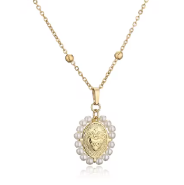 LNK421 Beaded Sacred Heart Necklace Gold/Pearl