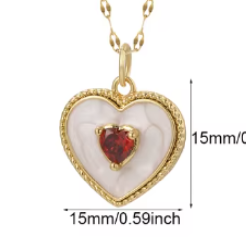 LNK432 Heart Necklace & Red Gem Gold/White