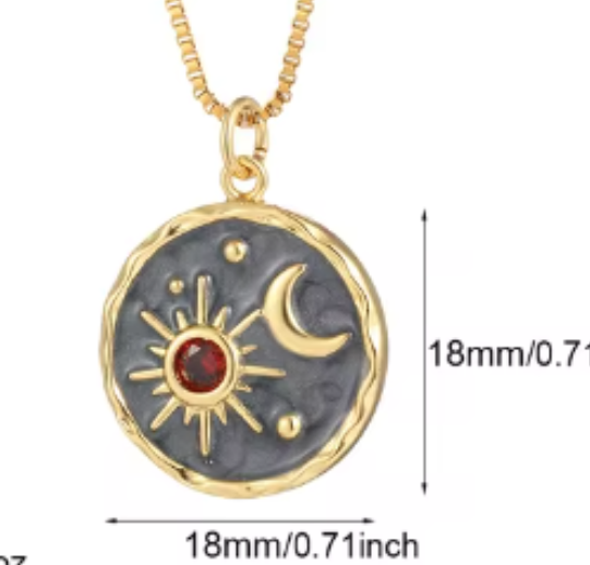 LNK430 Red Sun & Moon Necklace Grey/Gold