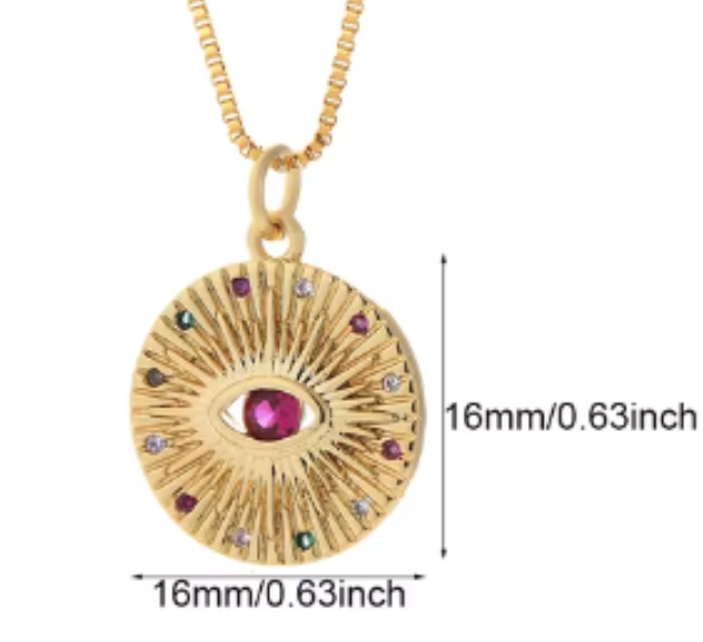 LNK436 Round Eye Diamante Necklace Gold/Magenta