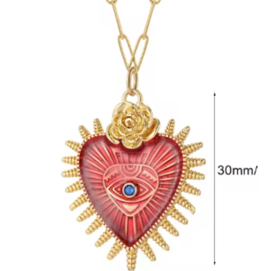 LNK435 Sacred Heart Necklace Gold/Red