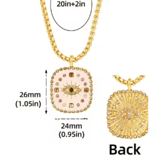 LNK449 Square Diamante Eye Necklace Gold/Pink