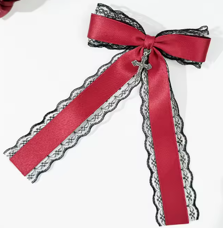 ACCS190 Hair Clip Lace Bow With Cross Red - Extreme Largeness Wholesale