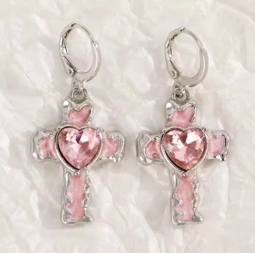 ER1136 Pink Heart Cross Hoop Earrings - Extreme Largeness Wholesale