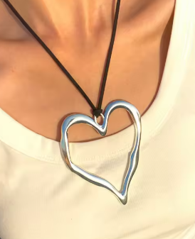 LNK592 Silver Heart Pendant Black Cord - Extreme Largeness Wholesale