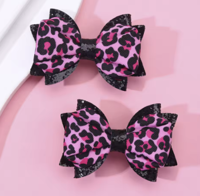 ACCS407 Pink Leopard Print Bow 2 Pack - Extreme Largeness Wholesale