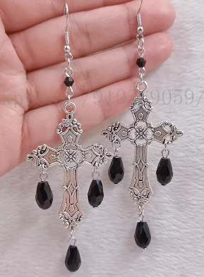 ER382 Gothic Cross Black Crystals Earrings